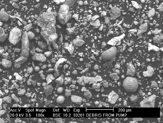 Damaging wear materials and wear debris from water pump for automated SEM/EDX