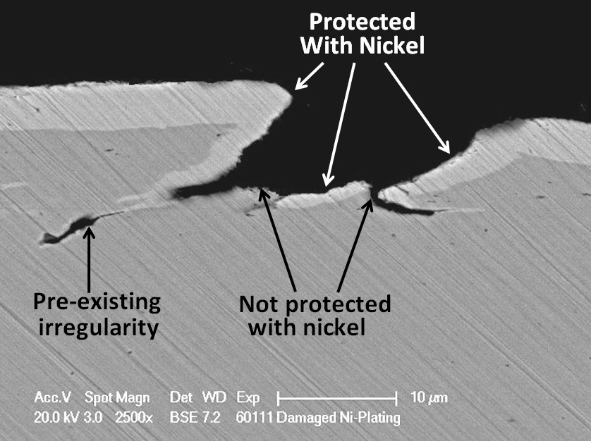 Nickel plating coverage defect SEM cross section
